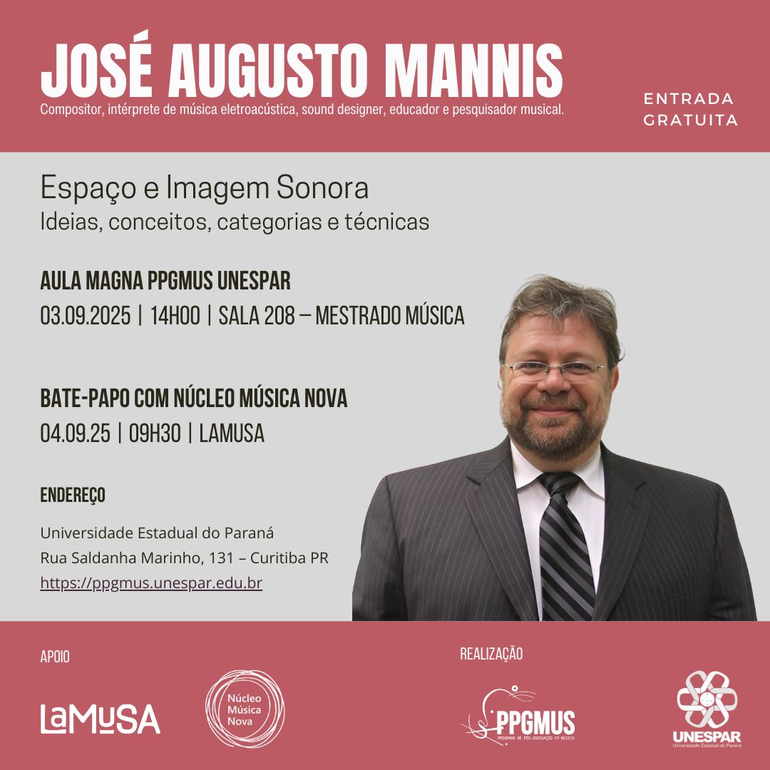 A Aula Magna do prof. José Augusto Mannis (UNICAMP) tem como título "Espaço e Imagem Sonora: conceitos, categorias e técnicas"